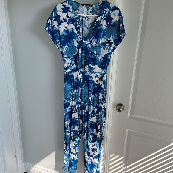 Zara Pants - Blue and white floral linen jumpsuit